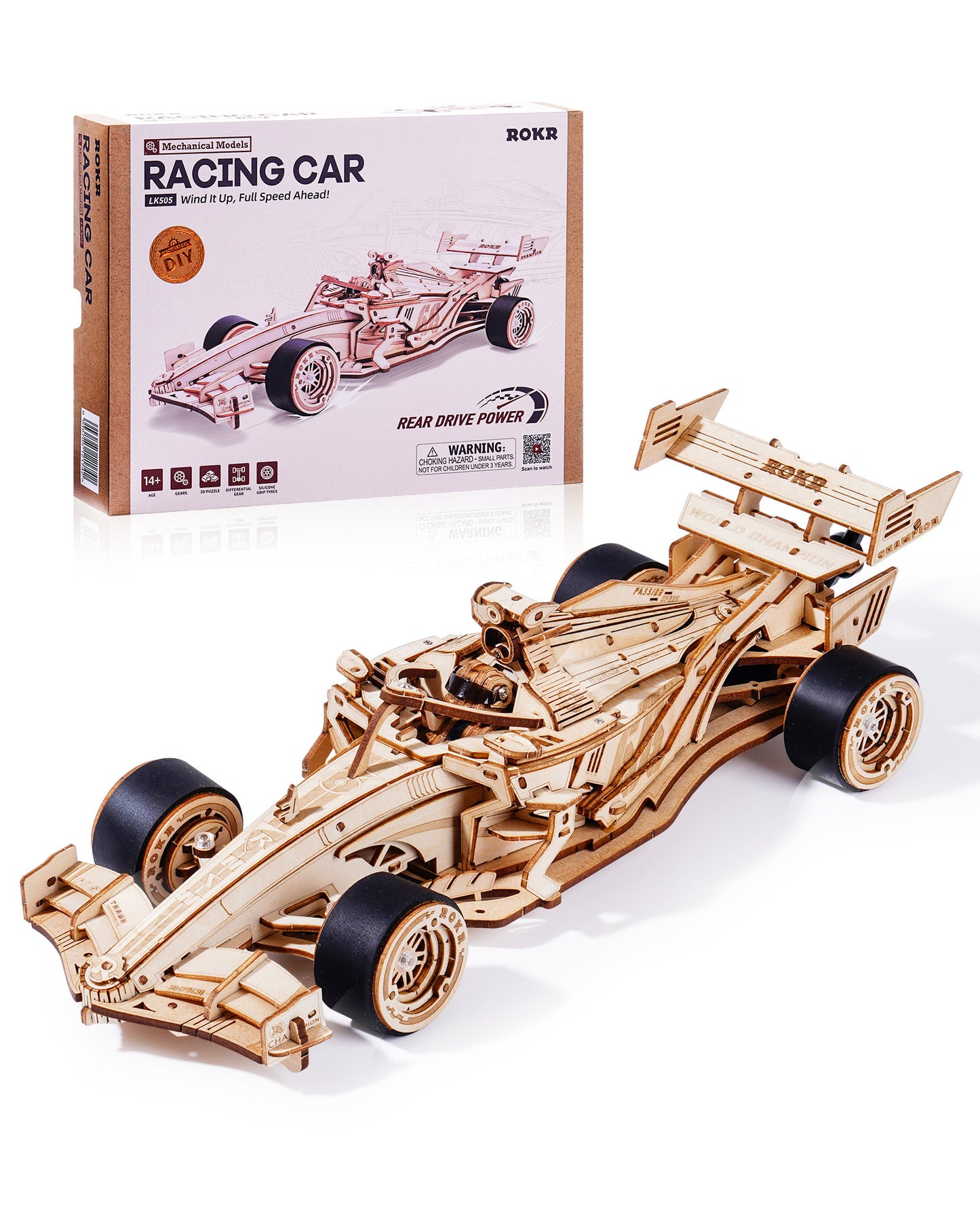 Rennwagen – Holzbausatz mit mechanischem brüllenden Motor